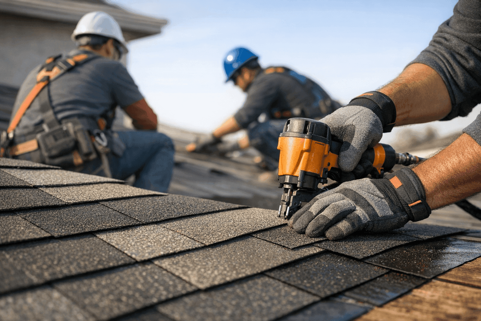 Professional roofing workers in safety gear installing shingles on a clean residential roof