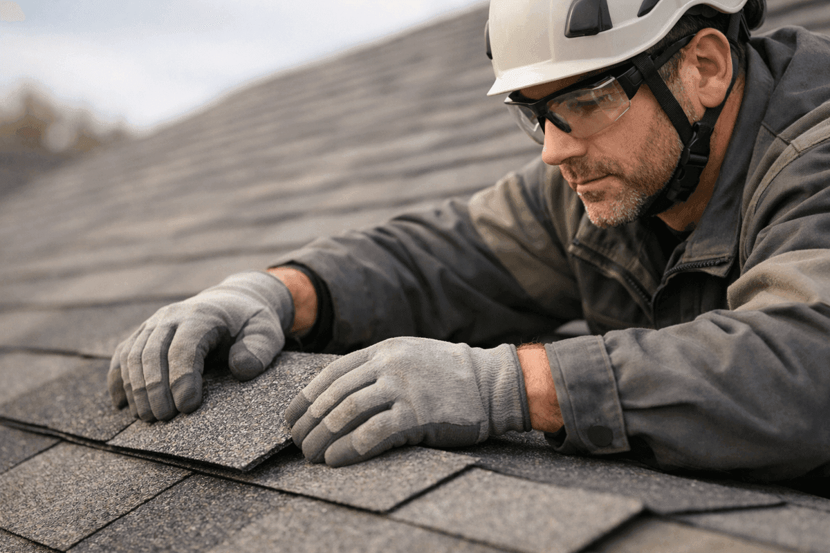 Close-up of roofer's gloved hands positioning asphalt shingles on a residential roof